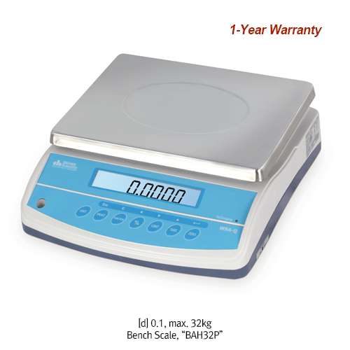 DAIHAN® [d] 0.1 & 0.5g, max.32 & 60kg Precision High Capacity Digital Bench Scale “BAH32P” & “BAH60P” With Pcs.·%·Alarm·Print & Check Function and Rechargeable Battery/Back Light & LCD Display, DC & AC Adapter 정밀 대용량 다기능 스케일/저울, Pcs. 계수·%·경보음·체크 기능, 