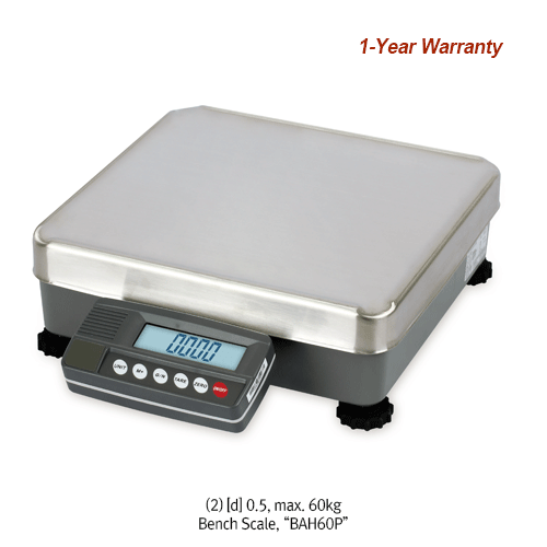 DAIHAN® [d] 0.1 & 0.5g, max.32 & 60kg Precision High Capacity Digital Bench Scale “BAH32P” & “BAH60P” With Pcs.·%·Alarm·Print & Check Function and Rechargeable Battery/Back Light & LCD Display, DC & AC Adapter 정밀 대용량 다기능 스케일/저울, Pcs. 계수·%·경보음·체크 기능, 