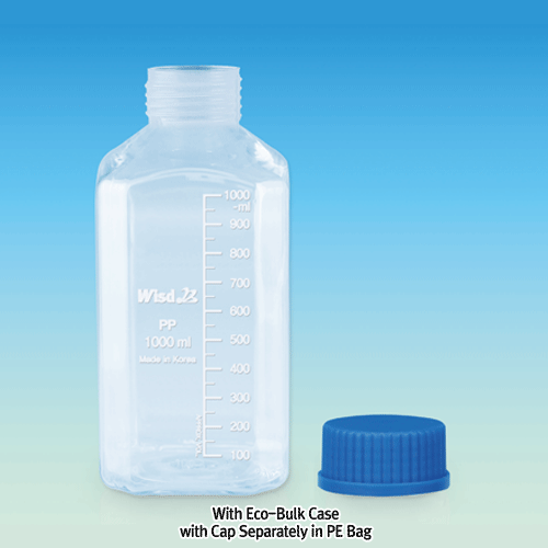 WisdTM PP Space Saver SQUARE MeasureTM Lab Bottle, Wide-neck, with DIN/GL-32 & 45 Basic Cap Attached, 100~1,000㎖ Precisely Graduated, Transparent, Good Chemical/Heat Resistance, 125/140℃ Stable, Autoclavable, PP 4각 광구 랩 바틀, 정밀눈금