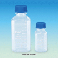 WisdTM PP Space Saver SQUARE MeasureTM Lab Bottle, Wide-neck, with DIN/GL-32 & 45 Basic Cap Attached, 100~1,000㎖ Precisely Graduated, Transparent, Good Chemical/Heat Resistance, 125/140℃ Stable, Autoclavable, PP 4각 광구 랩 바틀, 정밀눈금