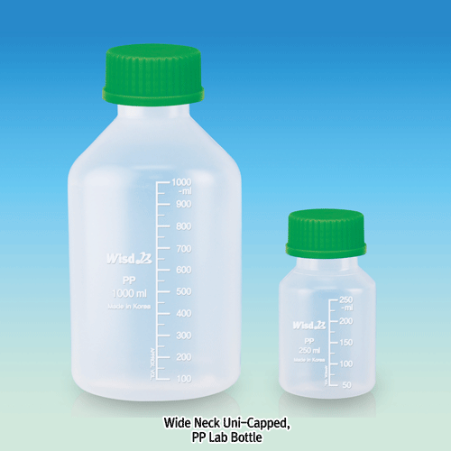 WisdTM “Leak-Proof” PTFE/Butyl Septa-sealed PP MeasureTM Lab Bottle, with DIN/GL Universal Cap, 100~5,000㎖ Precisely Graduated, Excellent for Sealing & Chemical Resistance, Transparent, 125/140℃ Stable, Autoclavable, “리크프루프” PP 랩바틀, 정밀눈금