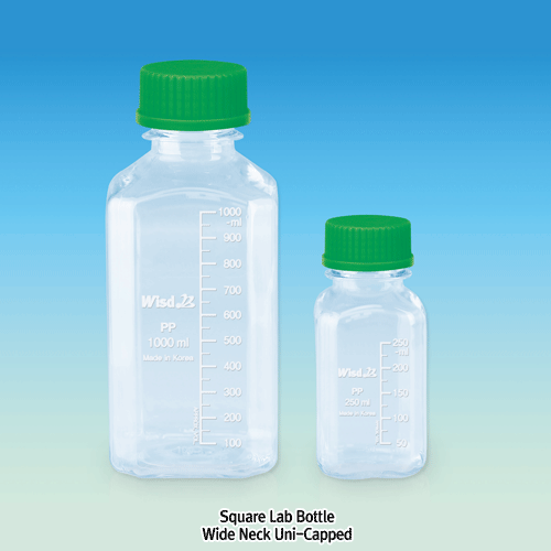 WisdTM “Leak-Proof” PTFE/Butyl Septa-sealed PP MeasureTM Lab Bottle, with DIN/GL Universal Cap, 100~5,000㎖ Precisely Graduated, Excellent for Sealing & Chemical Resistance, Transparent, 125/140℃ Stable, Autoclavable, “리크프루프” PP 랩바틀, 정밀눈금