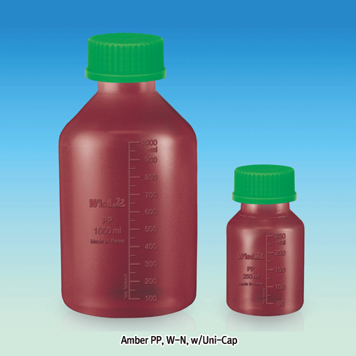 WisdTM “Leak-Proof” PTFE/Butyl Septa-sealed PP Amber MeasureTM Lab Bottle, with DIN/GL Universal Cap, 100~2,000㎖ Precisely Graduated, Excellent for Sealing & Chemical Resistance, 125/140℃ Stable, Autoclavable, “리크프루프” PP 랩바틀, 정밀눈금