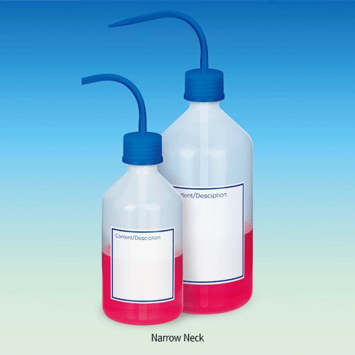 WisdTM PP Narrow & Wide-neck Wash Bottle, Autoclavable, Fine Graduated, Transparent, 500 & 1,000㎖ Printed DIY Content Marking Panel on Bottle, GL32 & GL45 Blue cap, 0℃~125/140℃ Stable, 마킹형 세구 & 광구 세척병, PP