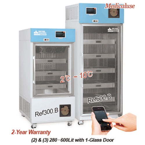 DAIHAN® 2℃~10℃ SMART Blood Bank Refrigerator “Ref.B”, 150·280·600·1300Lit, Medicaluse With Smart-LabTM System, CFC-Free(R-404A), Forced-air, Built in Temperature Chart Recorder, Dual Eva-defrost, Glass Door Stainless-steel Perforated Drawer Shelf, Door Lo