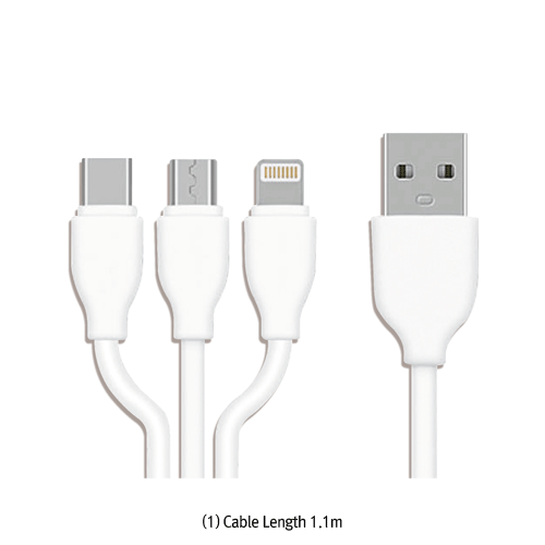 Triple USB Charging Cable, 1.1m and 1.2m, with Type-C, Micro 5pin, Lightning 8pin Connectors Ideal for Mobile Phone and More, 3-in-1 USB 멀티 충전 케이블