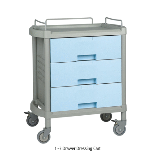 Drawer Dressing Cart, ABS, with 3~6 Drawer, with Guardrail Ideal for Lab·Medical·Industrial, Stop-On Casters, 서랍식 플라스틱 카트