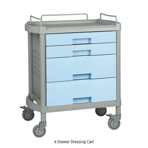 Drawer Dressing Cart, ABS, with 3~6 Drawer, with Guardrail Ideal for Lab·Medical·Industrial, Stop-On Casters, 서랍식 플라스틱 카트