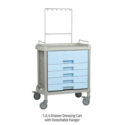 Drawer Dressing Cart, ABS, with 3~6 Drawer, with Guardrail Ideal for Lab·Medical·Industrial, Stop-On Casters, 서랍식 플라스틱 카트