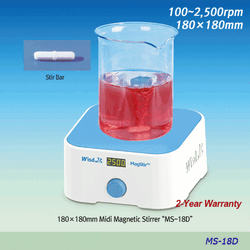 WisdTM 180×180 Midi Hi-Quality Digital Magnetic Stirrer “MS-18D”, Max. 2,500rpm, Max. 5Lit(H2O) With Tempered Glass Plate & PP Housing, Permanently Brushless Motor(BLDC), Digital LED Display, Waterproof, 미디 디지털 자력교반기